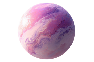 A stylized, round, planet-like sphere, exhibiting swirling, abstract patterns of soft pink and purple hues