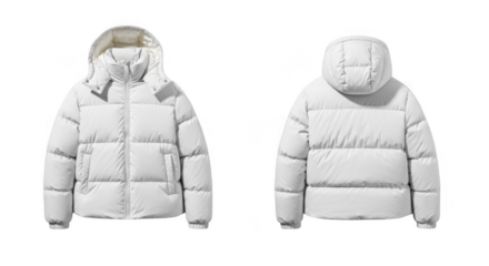 A white puffer jacket shown from the front and back, isolated on a transparent background