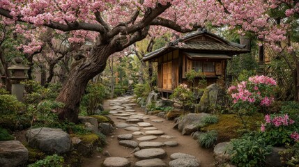 Japanese garden path with cherry blossoms