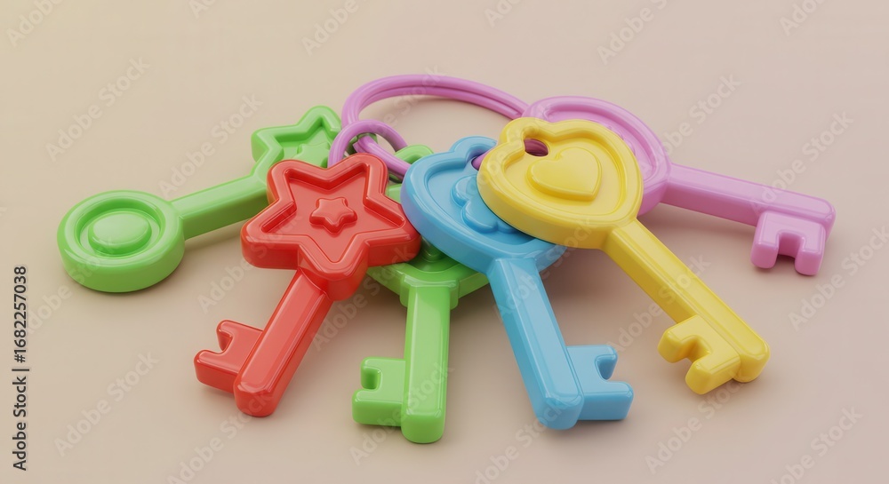Poster a collection of colorful, playful keys with star and heart shapes, arranged in a visually appealing,