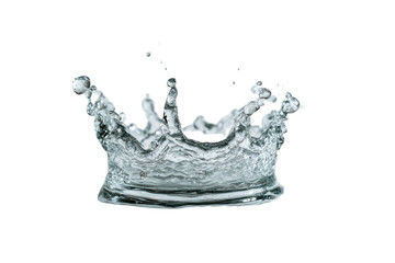 A crown-like splash of water against a black background.  A transparent, crystalline water droplet explodes outward, creating a radiant crown shape.  