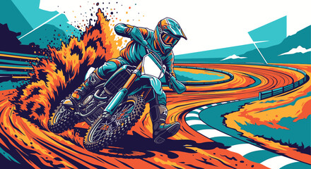 Dynamic illustration of a motocross rider racing on a dirt track, kicking up dust and debris in a sharp turn.