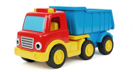 Fototapeta premium A colorful toy truck, vibrant in red, blue, and yellow hues, is highlighted against a plain white background.