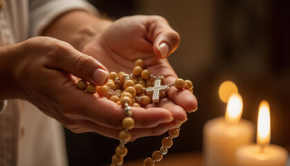Person holding rosary beads with cross in candlelight setting