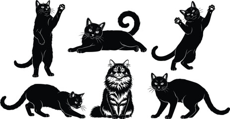 Stylized Cat Silhouettes – Expressive Black Feline Poses for Pet, Cartoon, Animal Behavior, Character, and Decorative Vector Illustration Themes