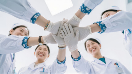 International Nurses Day: Medical Team Collaborating and Cheering, Low Angle View Background