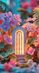 Glowing archway nestled amongst vibrant, pastel flowers and lush greenery