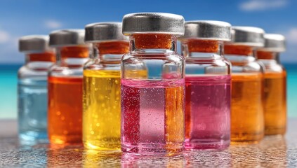 Colorful vials on reflective surface near ocean