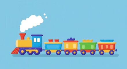 Colorful toy train with bright, child-friendly colors and simple shapes on a light-blue background.
