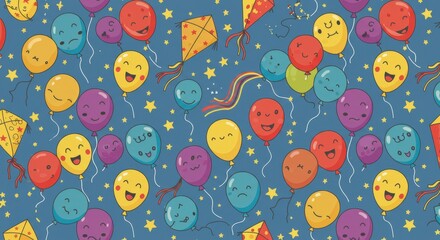 Colorful Balloons and Kites Pattern on Blue Background.