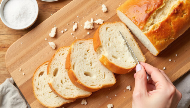 Sliced bread on wooden cutting board with hand using knife  