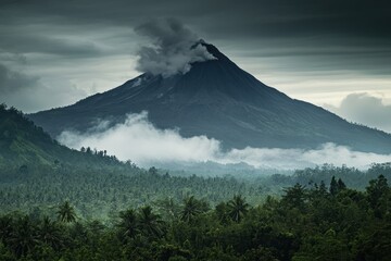 Smoking volcano peak in cloudy environment
