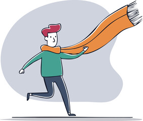 Fototapeta premium A cartoon figure running with a flowing orange scarf, enjoying the wind.
