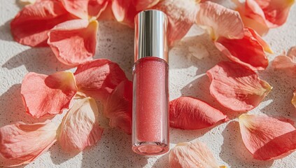 Pink lip gloss sits among scattered rose petals on a light surface