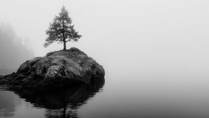 Solitary conifer on misty islet, reflected in calm water