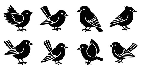 Eight charming vector bird silhouettes, a stylized collection of small songbirds in various poses, perfect for minimalist graphic design and diverse nature-themed illustrations.