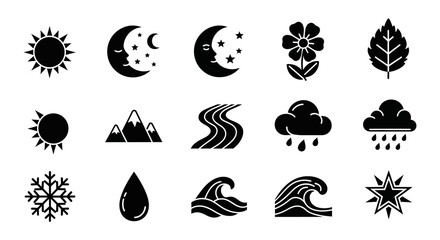 Mystic Set Nature's Vector Icons, Sun, Moon, Stars, Flower, Leaf, Mountains, River, Cloud, Rain, Snowflake, Waterdrop, Waves & Star.