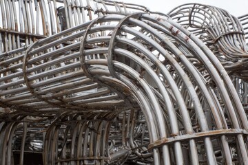 Intricate network of curved metallic pipes, showing signs of weathering and age