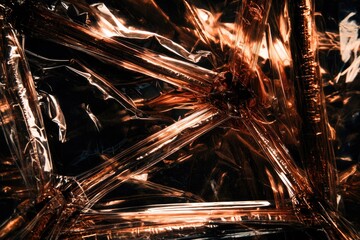 Abstract close-up of crumpled, translucent, bronze-toned plastic sheeting