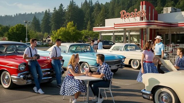 1950s Retro Diner Scene with Classic Cars and People in Vintage Fashion Socializing Outdoors