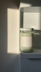Glass candle jar with blank label on white shelf in soft light  