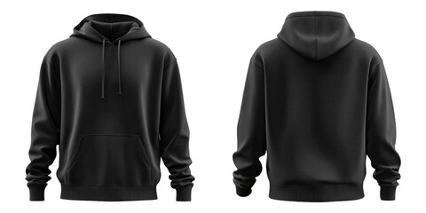 Front and back view of a plain black hoodie