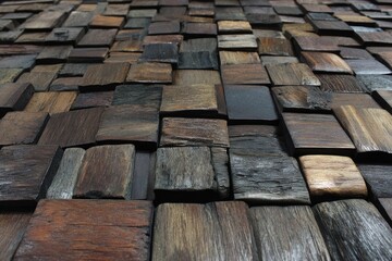 Dark wood blocks in varying shades create a textured wall
