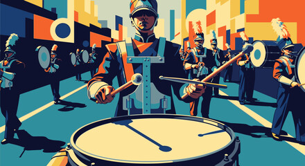 A graphic illustration of a marching band drummer playing during a vibrant city parade.