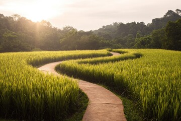 Winding path through sunlit rice paddy