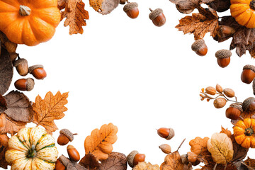 Autumnal frame of gourds, leaves, and acorns