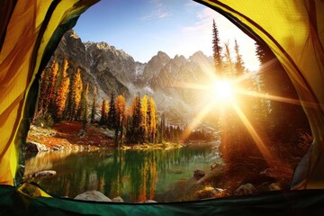 Sunrise view from a tent, overlooking a serene alpine lake reflecting golden autumn foliage and majestic mountains