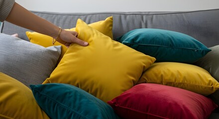 Obraz premium Close-up of colorful pillows on a gray sofa, modern living room decor, cozy and stylish home interior.