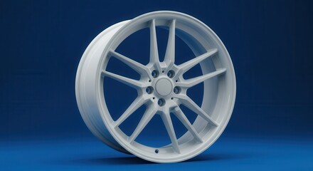 Obraz premium A modern, light gray car wheel, with intricate design, sits on a simple blue background, showcasing its elegant form.