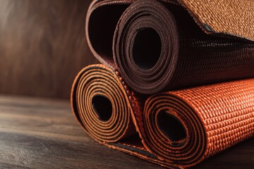 Rolled exercise mats in brown and orange hues rest on a wooden surface