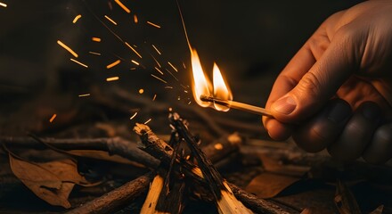 Close-up of a hand lighting a campfire with a matchstick, outdoor survival or camping concept, warm flame.