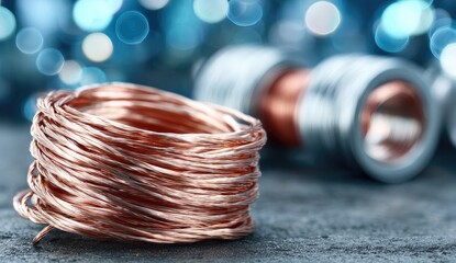 Copper wire coils on a dark surface, blurred background