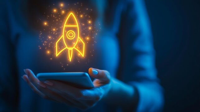 Woman holding phone with glowing rocket icon representing startup and innovation in blue lighting - Powered by Adobe