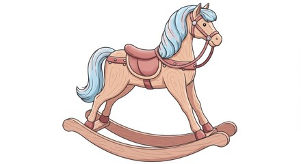 A charming rocking horse, crafted with light brown wood, features a light blue mane and tail, and a rosy saddle.