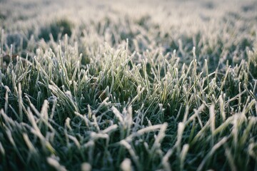 Frost-covered grass blades at sunrise, shallow depth of field