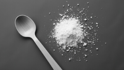 Silver spoon with powdered sugar on dark background