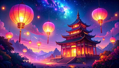 Fototapeta premium Enchanting traditional Chinese architecture lit by festive hanging lanterns, set against a magical cosmic night sky and beautiful mountains