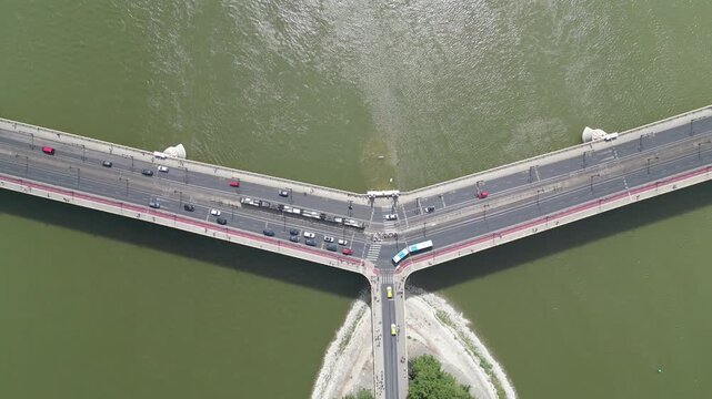 Aerial shot of Margaret island (Margitsziget) and Margaret Bridge (Margit h&iacute;d) in Budapest.