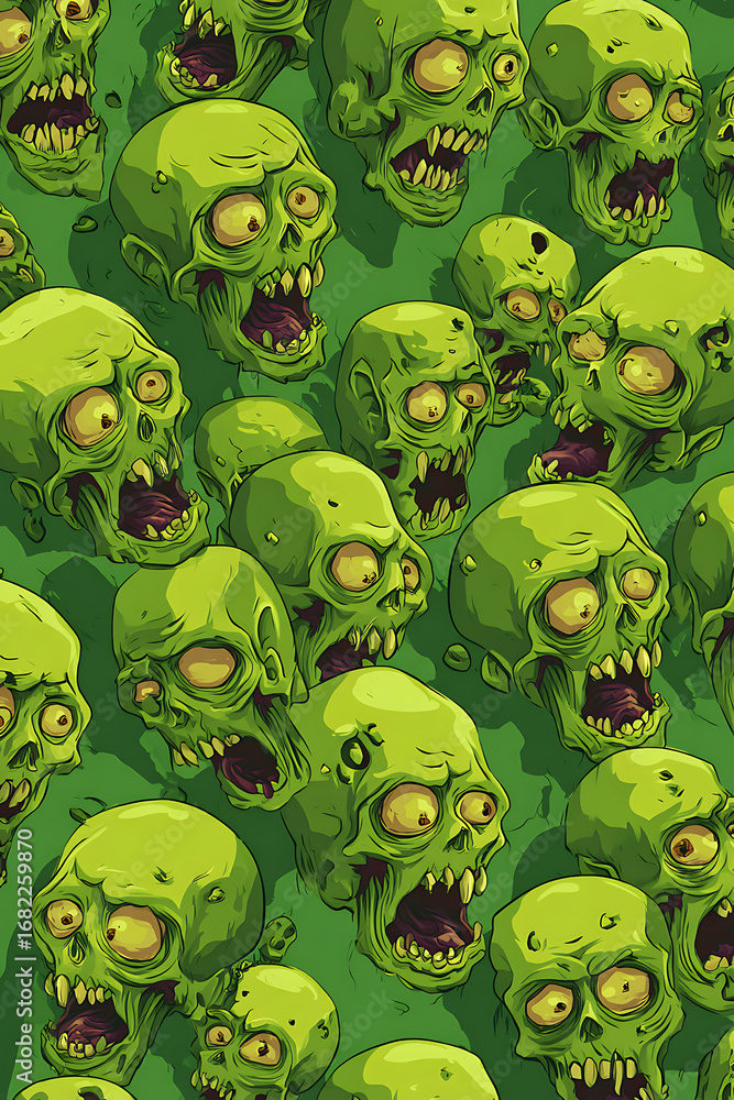 Poster a chaotic scene of numerous green zombie heads with exaggerated features and expressions