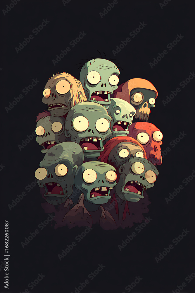 Poster a vibrant collection of cartoon zombies with exaggerated features, expressing shock in a dark settin