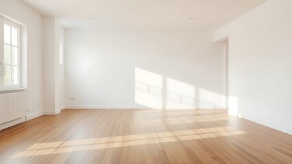 Minimalist living space with wooden floors and white walls, embodying serene modern design.