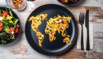 Creative culinary concept of international cuisine with a world map made from a frittata on a dark plate, surrounded by a fresh salad and wine