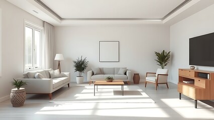 Fototapeta premium Simple living room with neutral tones and minimal furniture, creating a calm ambiance.