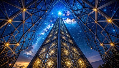 A futuristic glass skyscraper reaches towards a vibrant, starry galaxy, symbolizing corporate ambition and technological innovation