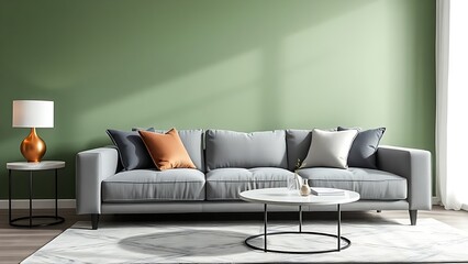Modern living room with grey sofa and green accent wall, featuring elegant marble decor.