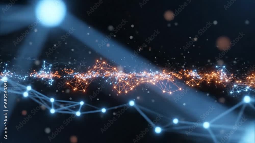 Poster abstract network of interconnected nodes and lines with blue and orange illumination